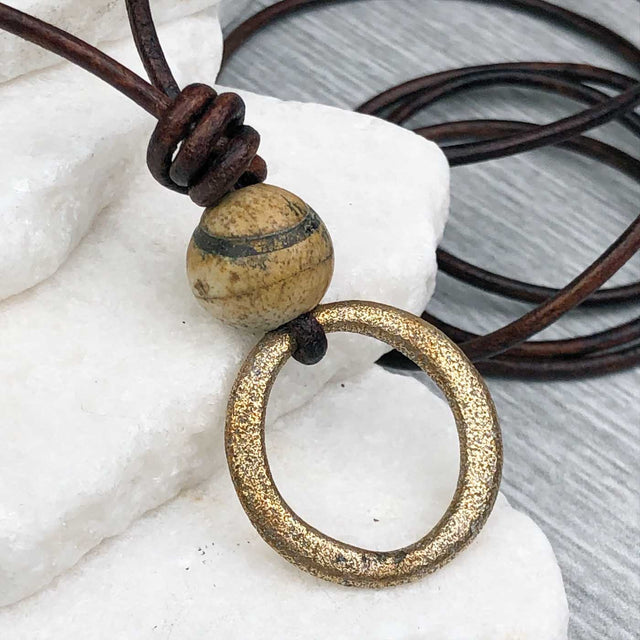 Glowing Golden Bronze Celtic Ring Money and Picture Jasper Leather Necklace