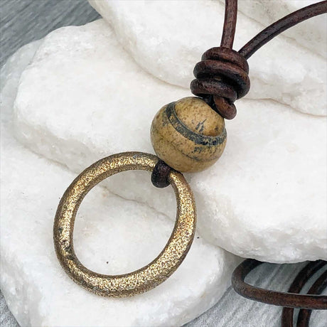Glowing Golden Bronze Celtic Ring Money and Picture Jasper Leather Necklace