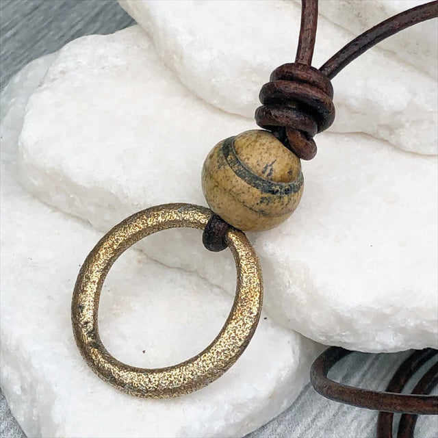 Glowing Golden Bronze Celtic Ring Money and Picture Jasper Leather Necklace