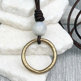 Pinkish Golden Bronze Celtic Ring Money with Moonstone Leather Necklace
