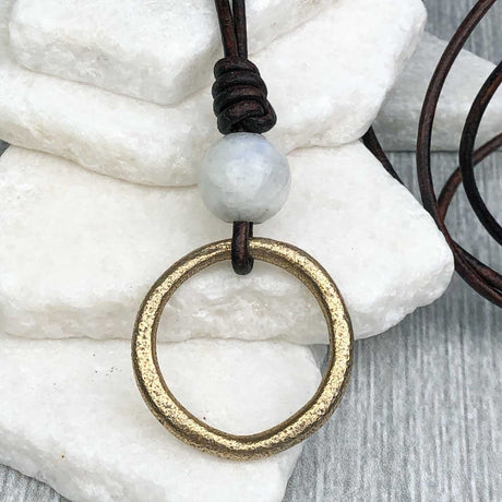 Pinkish Golden Bronze Celtic Ring Money with Moonstone Leather Necklace