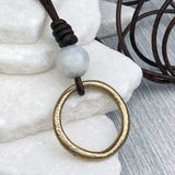 Pinkish Golden Bronze Celtic Ring Money with Moonstone Leather Necklace