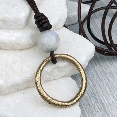 Pinkish Golden Bronze Celtic Ring Money with Moonstone Leather Necklace