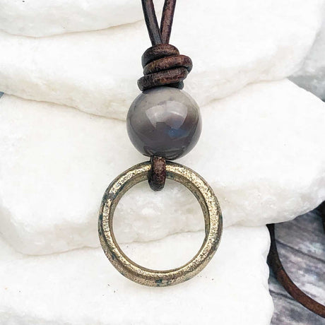 Light Bright Golden Bronze Celtic Ring Money with Bloodstone Leather Necklace