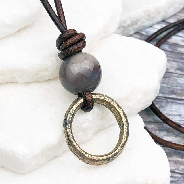 Light Bright Golden Bronze Celtic Ring Money with Bloodstone Leather Necklace