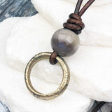 Light Bright Golden Bronze Celtic Ring Money with Bloodstone Leather Necklace