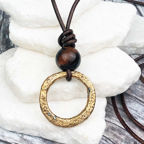 Flat Red Golden Bronze Celtic Ring Money and Red Tigers Eye Leather Necklace