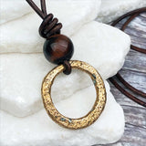 Flat Red Golden Bronze Celtic Ring Money and Red Tigers Eye Leather Necklace