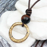 Flat Red Golden Bronze Celtic Ring Money and Red Tigers Eye Leather Necklace