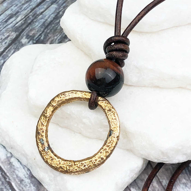 Flat Red Golden Bronze Celtic Ring Money and Red Tigers Eye Leather Necklace
