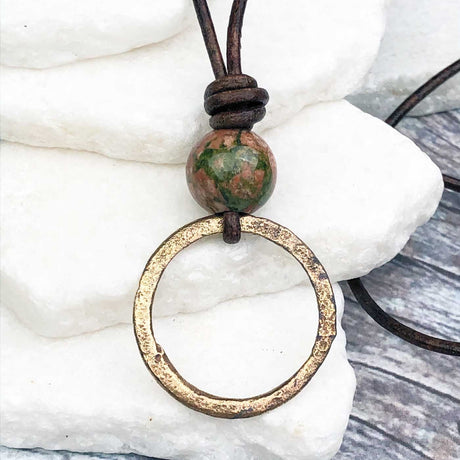 Light and Airy Golden Bronze Celtic Ring Money and Unakite Leather Necklace
