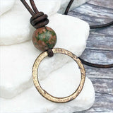 Light and Airy Golden Bronze Celtic Ring Money and Unakite Leather Necklace