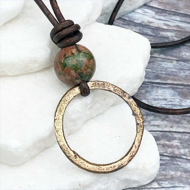 Light and Airy Golden Bronze Celtic Ring Money and Unakite Leather Necklace