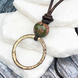 Light and Airy Golden Bronze Celtic Ring Money and Unakite Leather Necklace