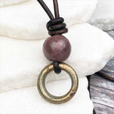 Thick Dark Golden Bronze Celtic Ring Money with Rhodonite Leather Necklace