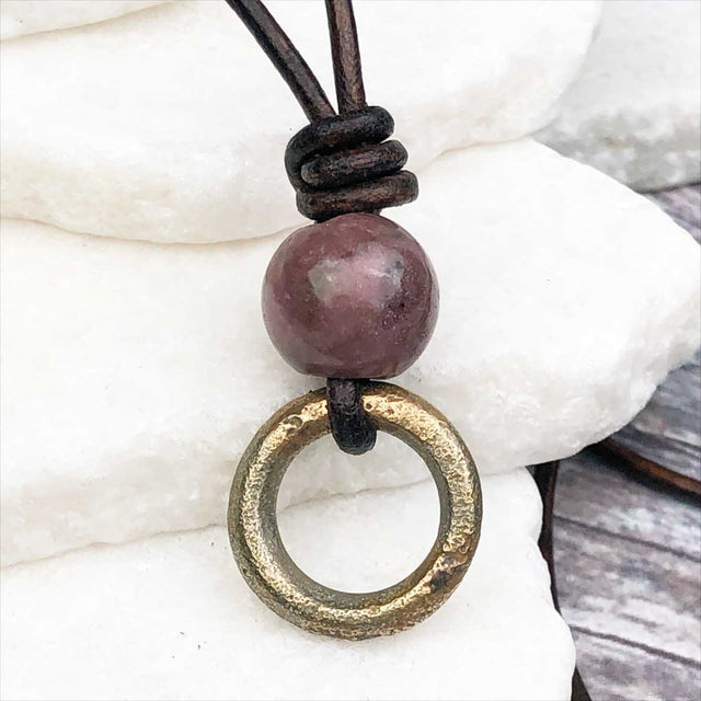 Thick Dark Golden Bronze Celtic Ring Money with Rhodonite Leather Necklace