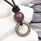 Thick Dark Golden Bronze Celtic Ring Money with Rhodonite Leather Necklace