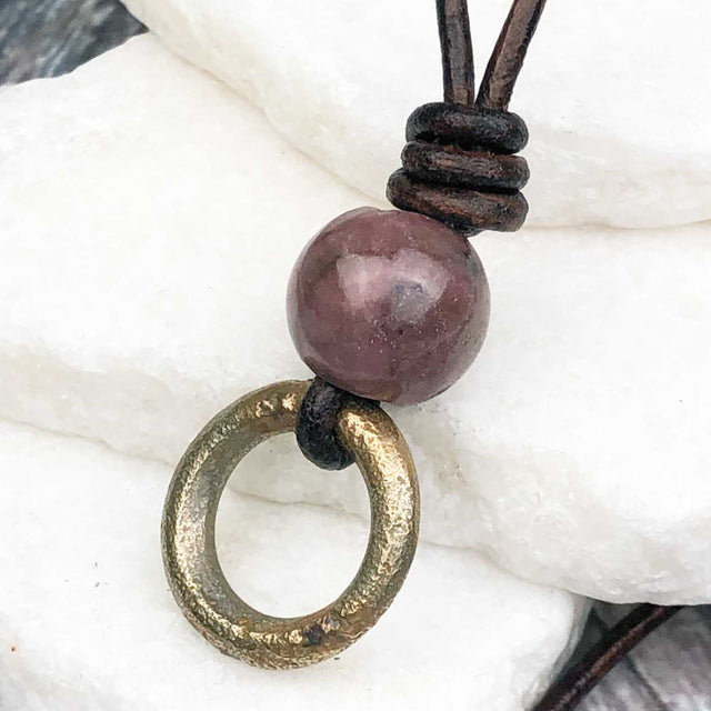 Thick Dark Golden Bronze Celtic Ring Money with Rhodonite Leather Necklace