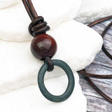 Deep Green Bronze Celtic Ring Money with Red Tigers Eye Leather Necklace