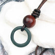 Deep Green Bronze Celtic Ring Money with Red Tigers Eye Leather Necklace