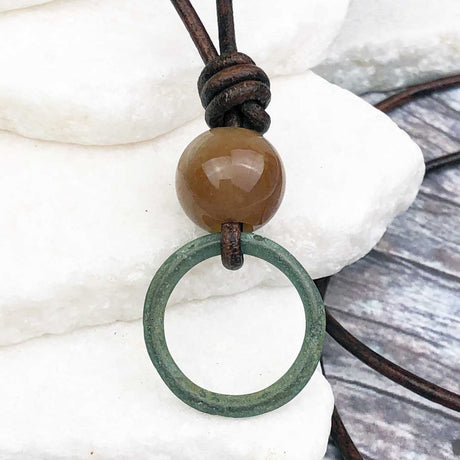 Spring Green Bronze Celtic Ring Money with Fancy Jasper Leather Necklace