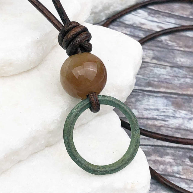 Spring Green Bronze Celtic Ring Money with Fancy Jasper Leather Necklace