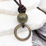 Rare Raised Ridge Golden Bronze Celtic Ring Money with Fancy Jasper Leather Necklace