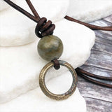 Rare Raised Ridge Golden Bronze Celtic Ring Money with Fancy Jasper Leather Necklace