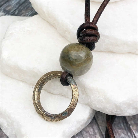 Rare Raised Ridge Golden Bronze Celtic Ring Money with Fancy Jasper Leather Necklace