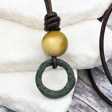 Deepest Green Raised Ridge Bronze Celtic Ring Money with Mookaite Leather Necklace