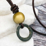 Deepest Green Raised Ridge Bronze Celtic Ring Money with Mookaite Leather Necklace