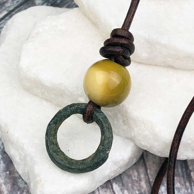 Deepest Green Raised Ridge Bronze Celtic Ring Money with Mookaite Leather Necklace