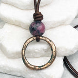 Rich Red Golden Bronze Celtic Ring Money and Rhodonite Leather Necklace