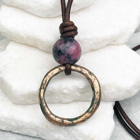 Rich Red Golden Bronze Celtic Ring Money and Rhodonite Leather Necklace