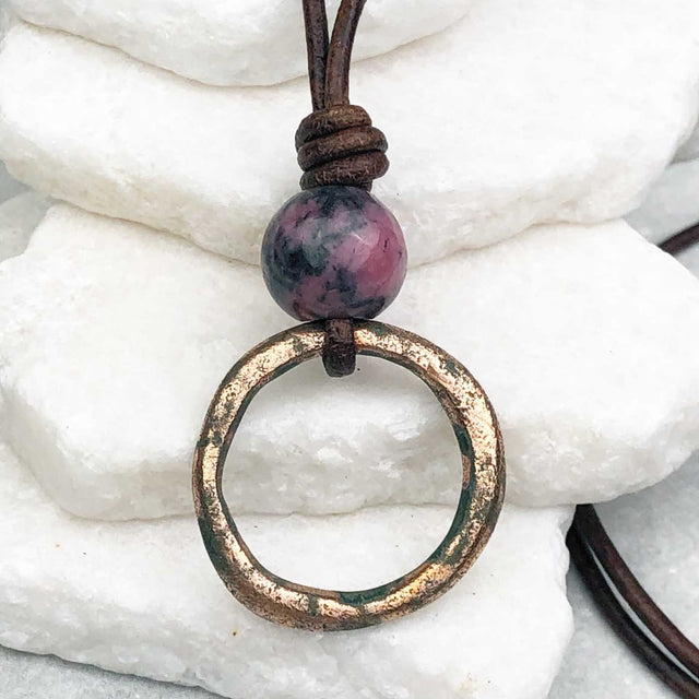 Rich Red Golden Bronze Celtic Ring Money and Rhodonite Leather Necklace