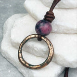 Rich Red Golden Bronze Celtic Ring Money and Rhodonite Leather Necklace
