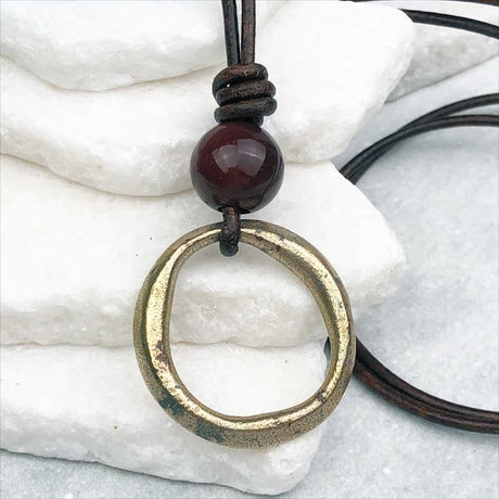 Raised Ridge Bright Golden Bronze Celtic Ring Money with Rainbow Jasper Leather Necklace