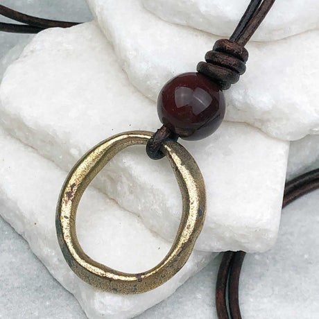Raised Ridge Bright Golden Bronze Celtic Ring Money with Rainbow Jasper Leather Necklace