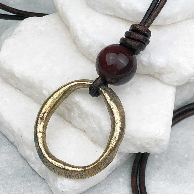Raised Ridge Bright Golden Bronze Celtic Ring Money with Rainbow Jasper Leather Necklace