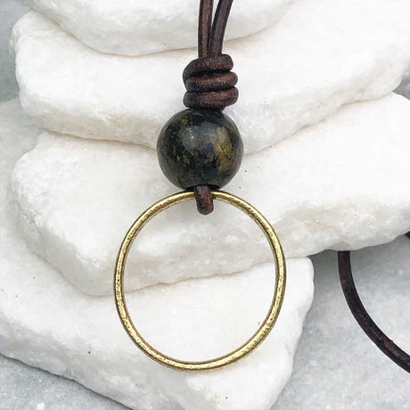 Lightest Golden Bronze Celtic Ring Money and Bronzite Leather Necklace