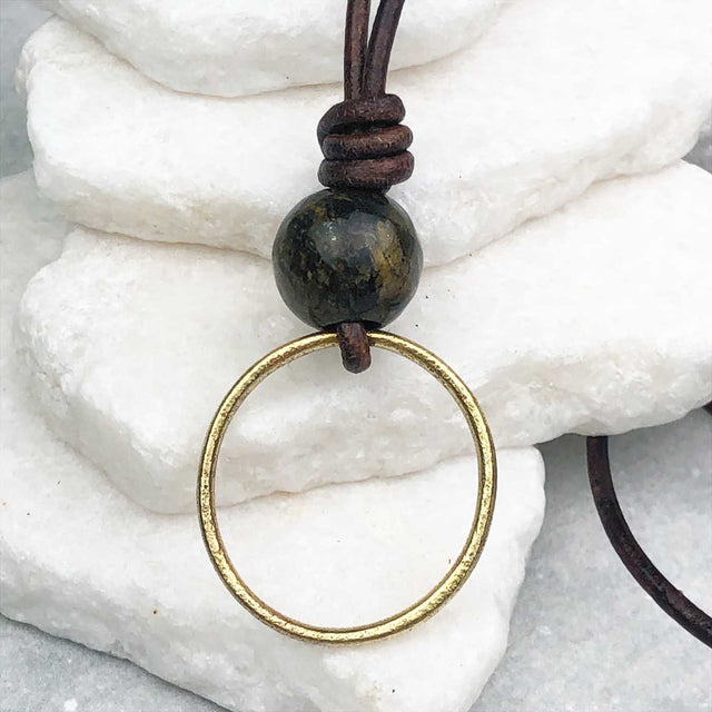 Lightest Golden Bronze Celtic Ring Money and Bronzite Leather Necklace