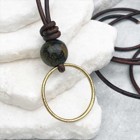 Lightest Golden Bronze Celtic Ring Money and Bronzite Leather Necklace