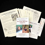 Various printed documents that come with a purchase from Cannon Beach Treasure Company, including a "Certificate of Authenticity" and "Treasure Hunters Gazette," are spread out on a dark surface. The materials feature text, coin images, and historic images.