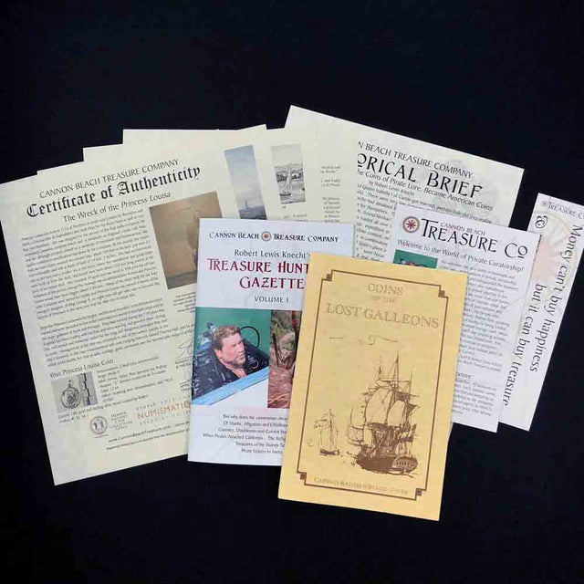 Detailed multi-page certificate of authenticity that comes with each of our treasure coin jewelry pendants researched and written by Robert Lewis Knecht - the finest Gold Standard historic documentation in the world