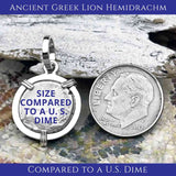 The size of an ancient greek Cherronesos lion hemidrachm coin pendant compared to a U.S. dime