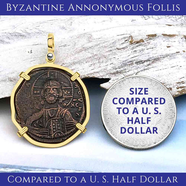Byzantine Bronze Follis Coin Jesus Christ King of Kings 14K Gold and Sterling Silver Pendant | Artifact #4982
