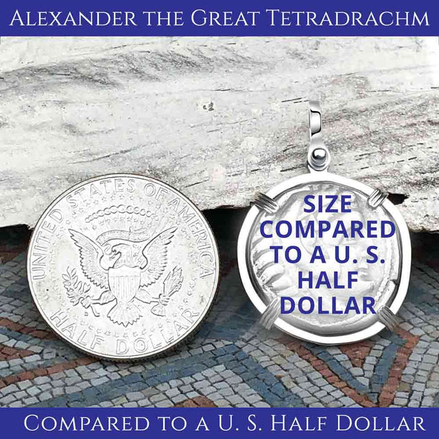 Ancient Greek Alexander the Great LARGE Silver Tetradrachm Coin 14K Gold Pendant | Artifact #5429