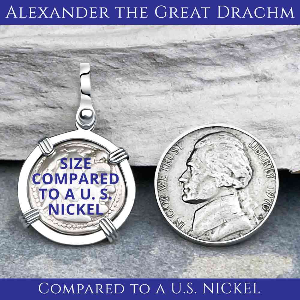 Ancient Greek Alexander the Great Silver Drachm Coin 14K White Gold Pendant | Artifact #6971