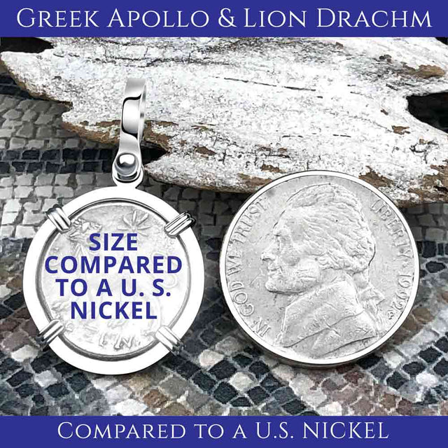 Ancient Greek Lion & Apollo Miletos Silver Drachm 350 BC 14K Gold and Sterling Silver Pendant | Artifact #3815