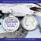 Size compared to a U.S. Nickel Templar Knights Era Antioch Crusader Medieval Silver Denier Helmet Head Coin of the Crusades Pendant